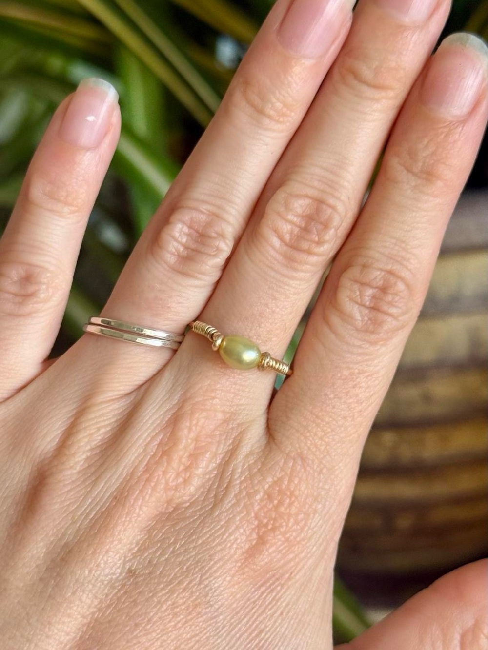 Handmade green pearl ring